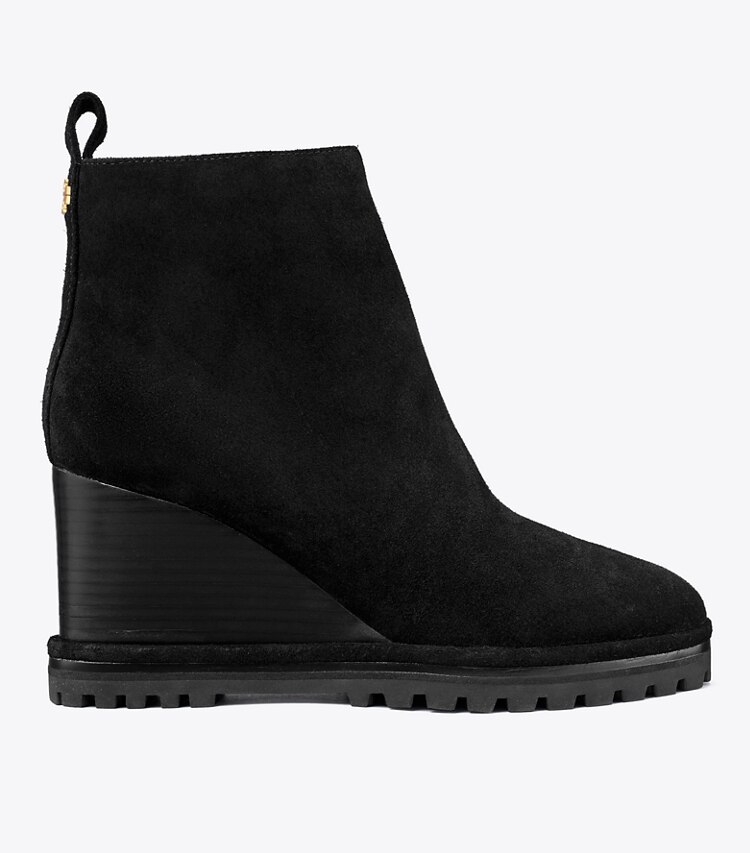 Tory Burch designer ankle boots Suede Logo Lug Sole Wedge Boot in PERFECT BLACK / PERFECT BLACK side