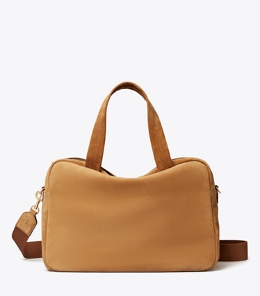 Tory Burch designer satchels Suede Oversized Satchel in Wild Tabacco front