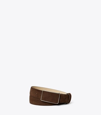 Tory Burch designer belts Suede Plate Belt in Dark Cocoa / Silver front