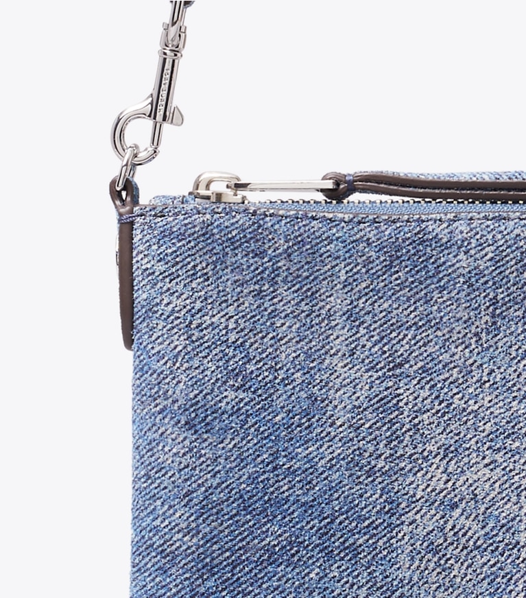 Tory Burch designer shoulder bags Suede Print Denim Pochette in Blue Jean detail