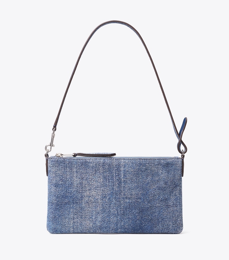 Tory Burch designer shoulder bags Suede Print Denim Pochette in Blue Jean front
