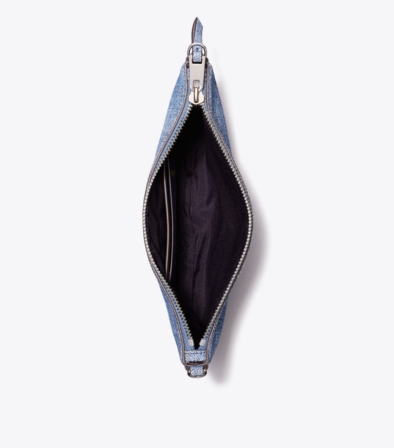 Tory Burch designer shoulder bags Suede Print Denim Pochette in Blue Jean overhead