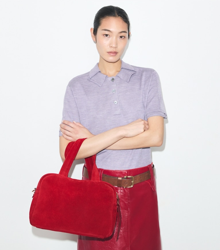 Tory Burch designer satchels Suede Satchel in Toucan Red additional on model