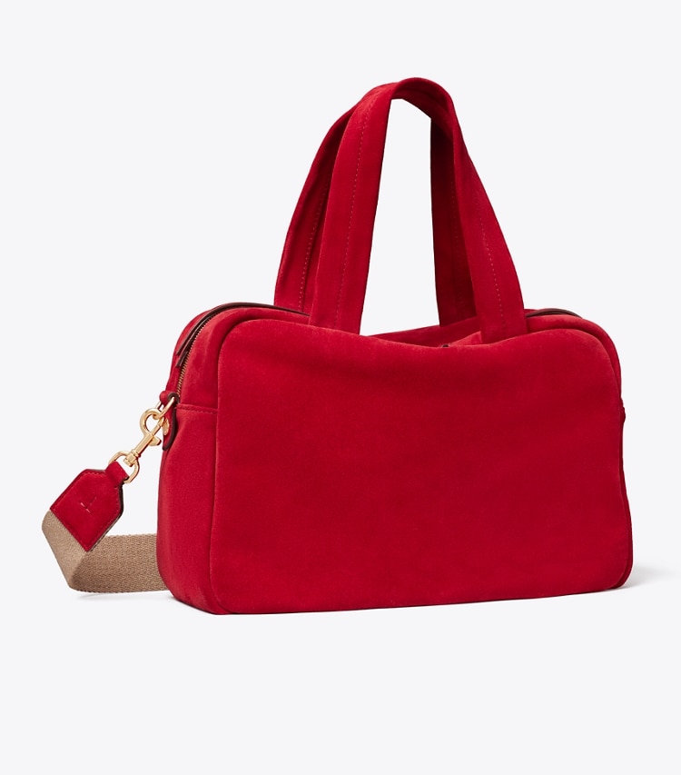 Tory Burch designer satchels Suede Satchel in Toucan Red angle