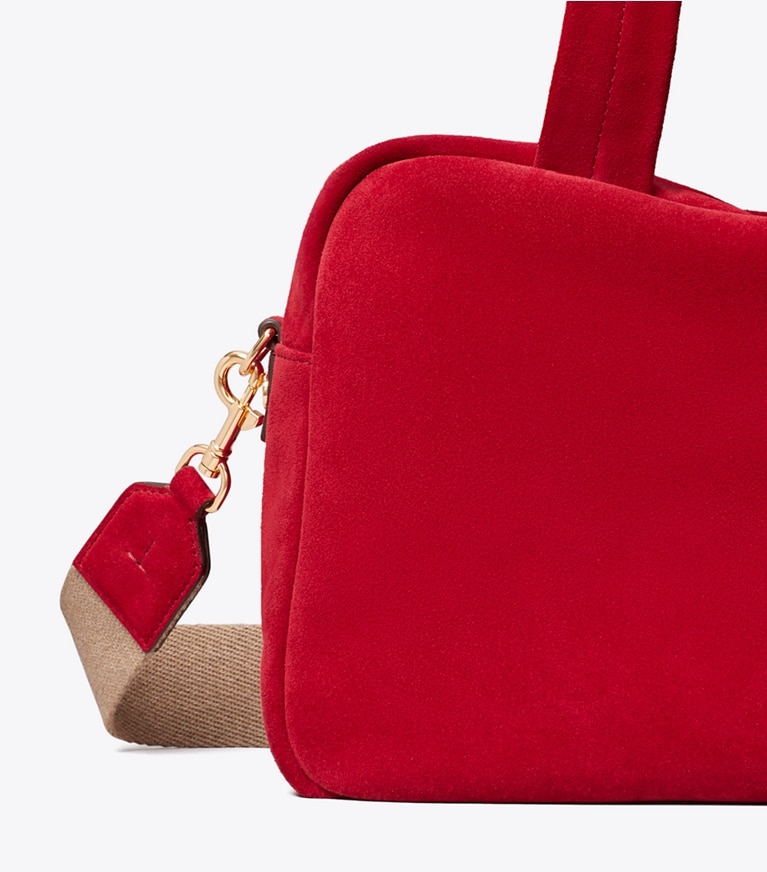 Tory Burch designer satchels Suede Satchel in Toucan Red detail