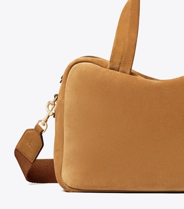 Tory Burch designer satchels Suede Satchel in Wild Tabacco front