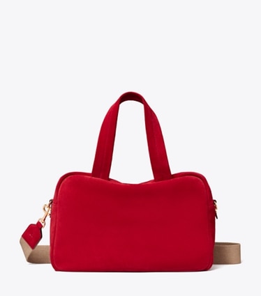 Tory Burch designer satchels Suede Satchel in Toucan Red front