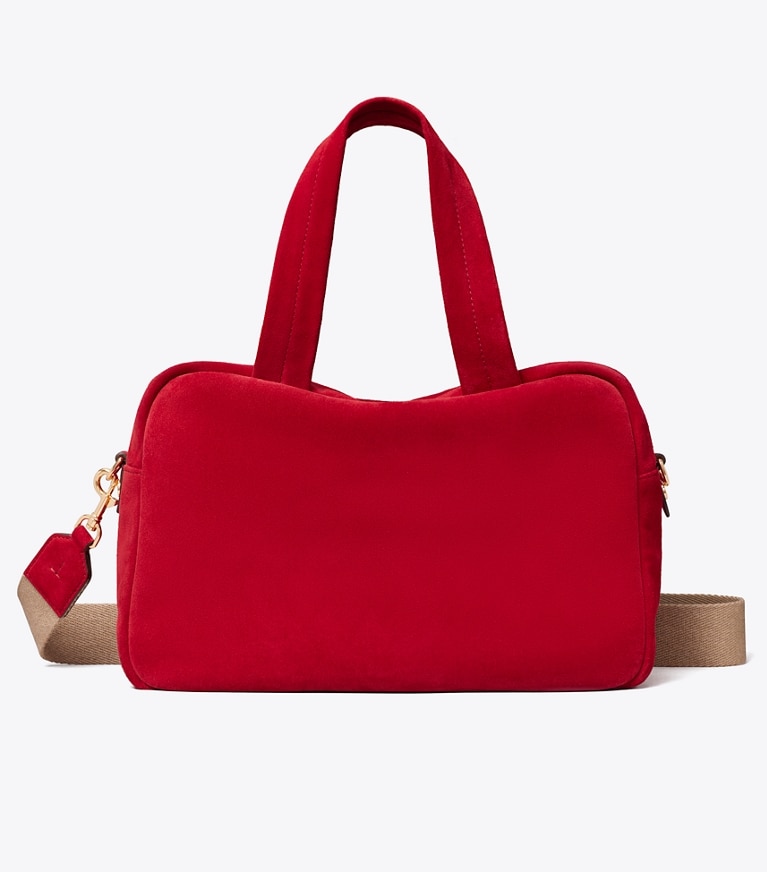 Tory Burch designer satchels Suede Satchel in Toucan Red front