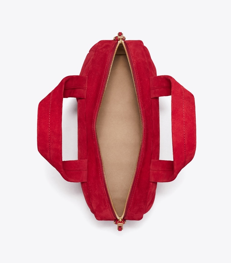 Tory Burch designer satchels Suede Satchel in Toucan Red overhead