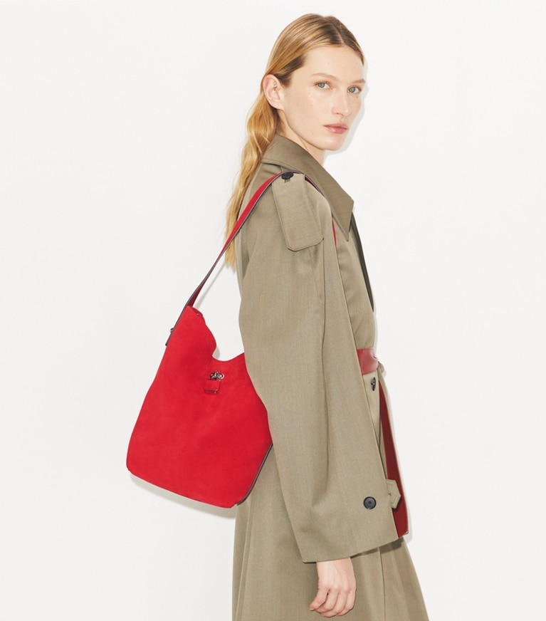 Tory Burch designer shoulder bags Suede Slim Bucket Bag in Toucan Red accessory on model