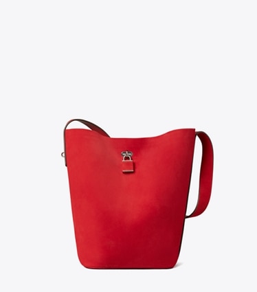Tory Burch designer shoulder bags Suede Slim Bucket Bag in Toucan Red front