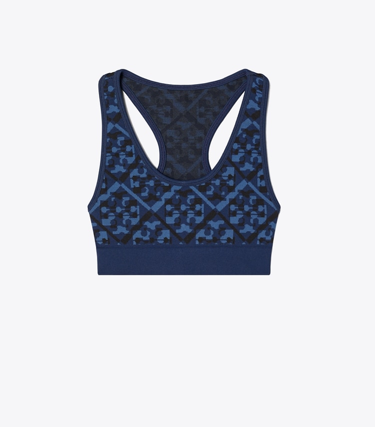 Tory Sport diseñador sujetadores deportivos Sujetador sin costuras de jacquard Prismatic con monograma T en Dark Blue Prismatic T Monogram frente