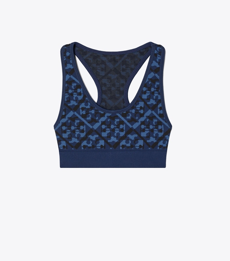 Tory Sport diseñador sujetadores deportivos Sujetador sin costuras de jacquard Prismatic con monograma T en Dark Blue Prismatic T Monogram frente