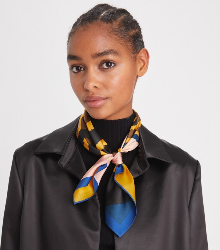 Tory Burch designer scarves Surreal Tory Maze Neckerchief in Orange accessory on model