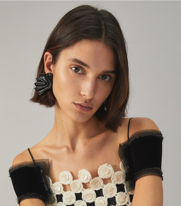 Tory Burch designer earrings Swan Earring in Shiny Black / Crystal accessory on model