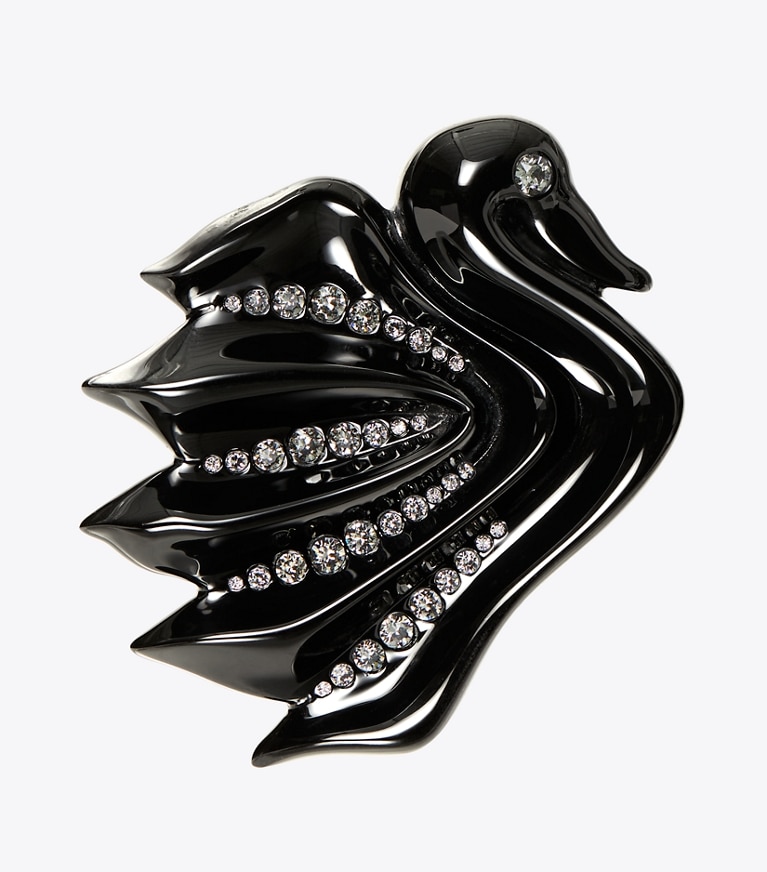 Tory Burch designer earrings Swan Earring in Shiny Black / Crystal front