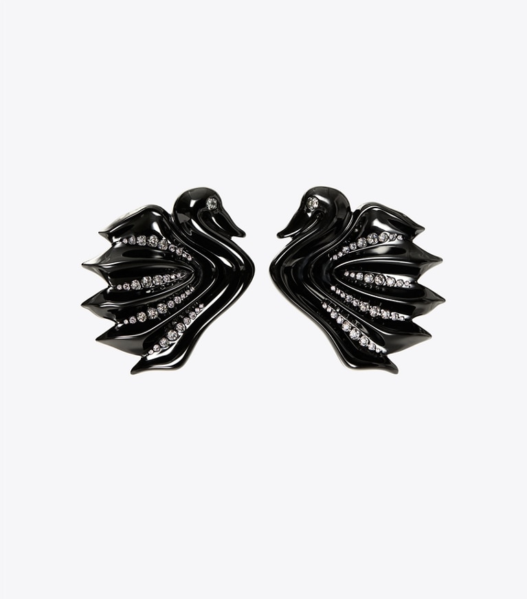 Tory Burch designer earrings Swan Earring in Shiny Black / Crystal front