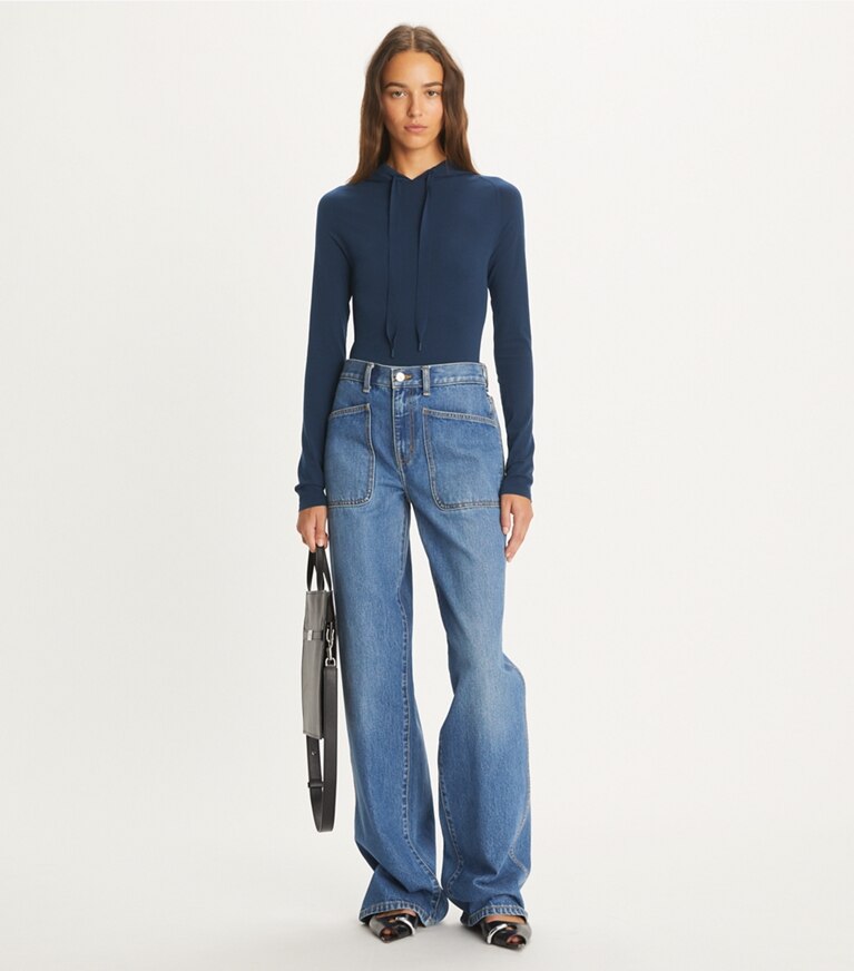 Tory Burch designer sweaters Sweat à capuche en nylon in Dark Ocean Blue front