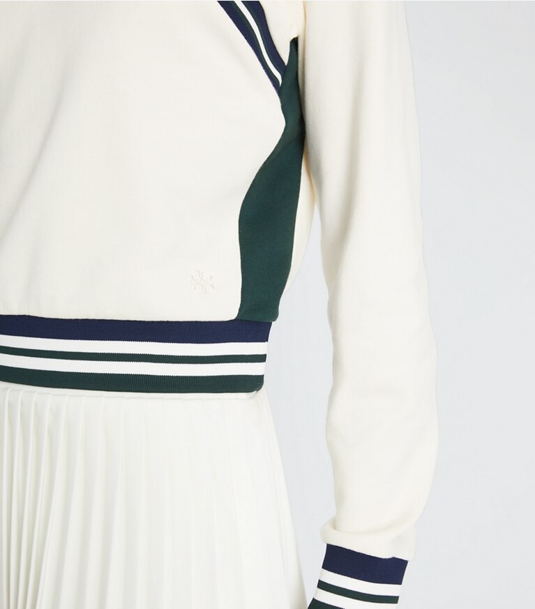 Tory Sport designer sweaters Sweat-shirt col rond en molleton à chevrons in Ivory Pearl / Tory Navy / Shamrock front