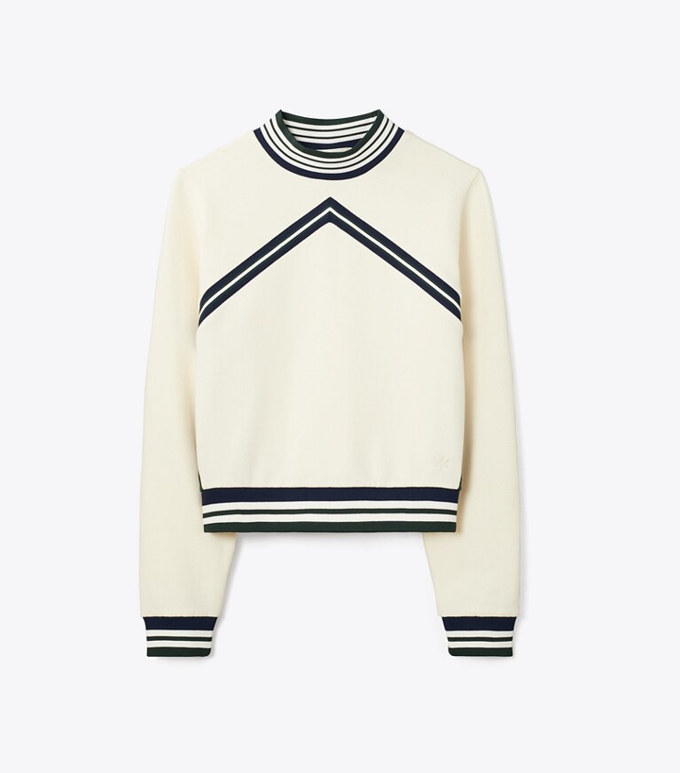 Tory Sport designer sweaters Sweat-shirt col rond en molleton à chevrons in Ivory Pearl / Tory Navy / Shamrock front
