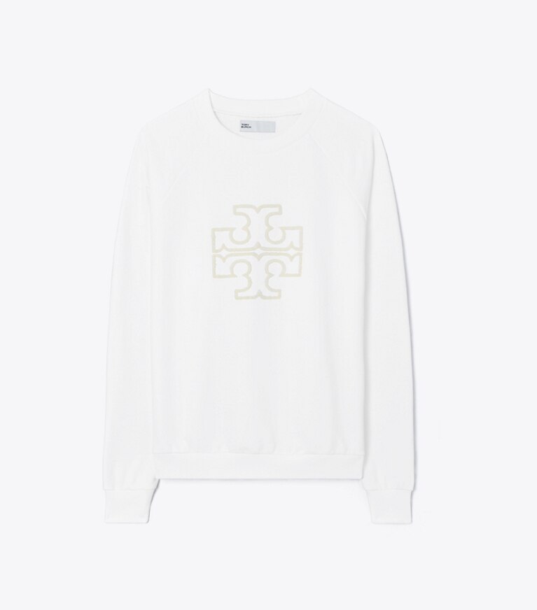 Tory Burch designer sweaters Sweat-shirt logo à col rond et manches raglan en molleton et mérinos in Snow White front