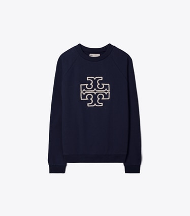Tory Burch designer sweaters Sweat-shirt logo à col rond et manches raglan en molleton et mérinos in Tory Navy front