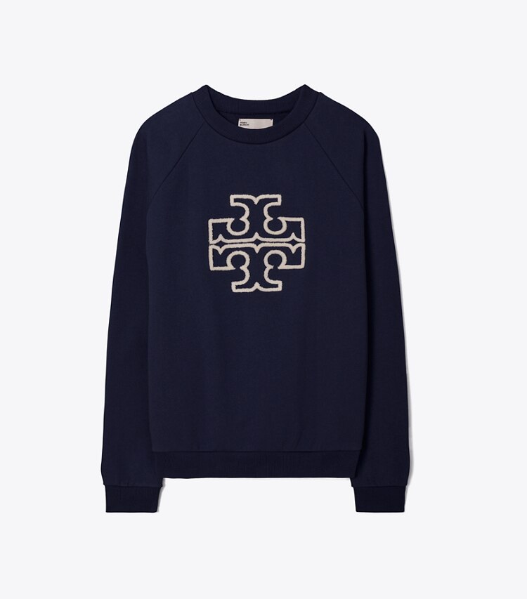 Tory Burch designer sweaters Sweat-shirt logo à col rond et manches raglan en molleton et mérinos in Tory Navy front