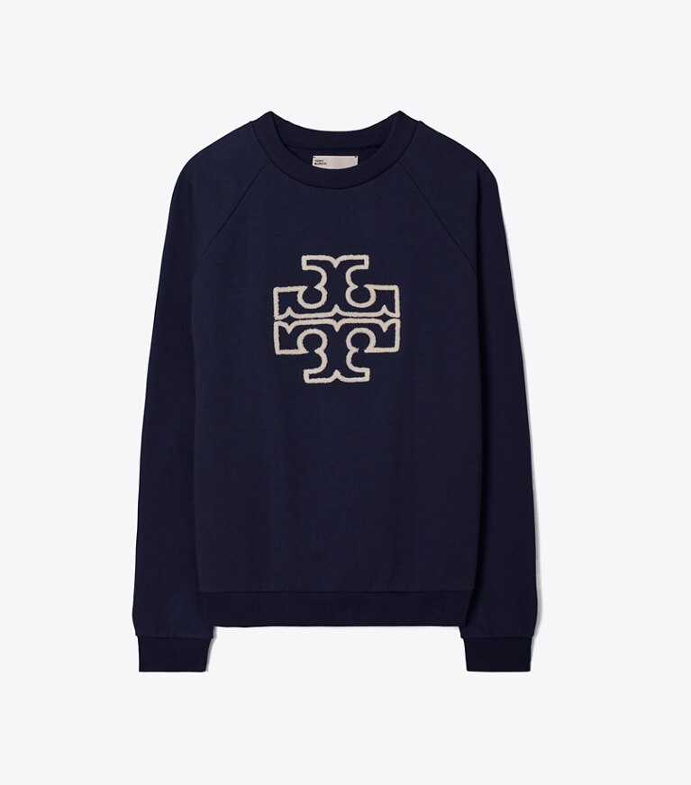 Tory Burch designer sweaters Sweat-shirt logo à col rond et manches raglan en molleton et mérinos in Tory Navy front