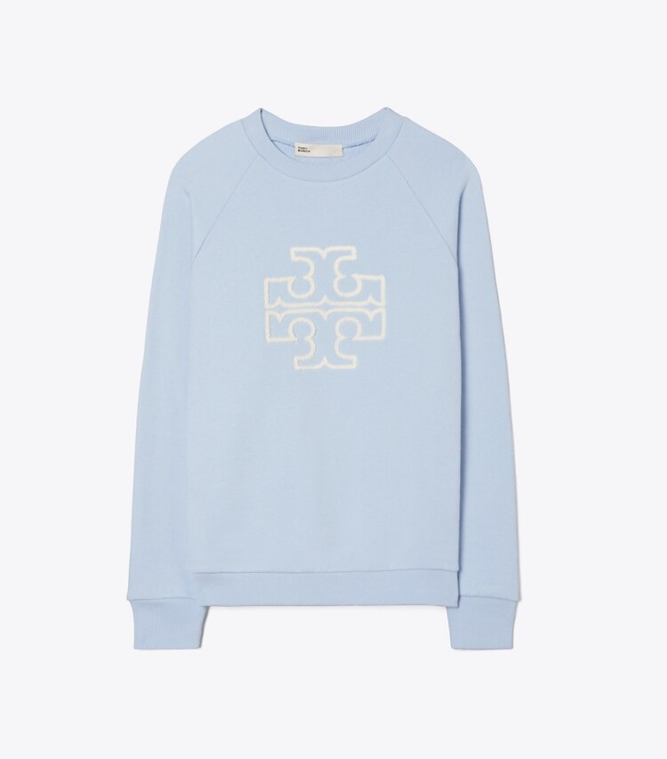 Tory Burch designer sweaters Sweat-shirt logo à col rond et manches raglan en molleton et mérinos in Ice Floe front