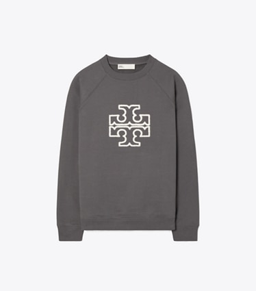 Tory Burch designer sweaters Sweat-shirt logo à col rond et manches raglan en molleton et mérinos in Bluestone front