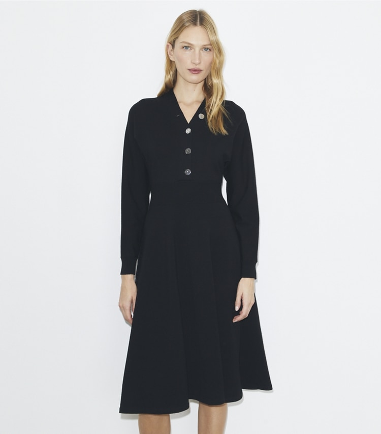 Tory Burch designer dresses Sweater Dress in Black on model detail