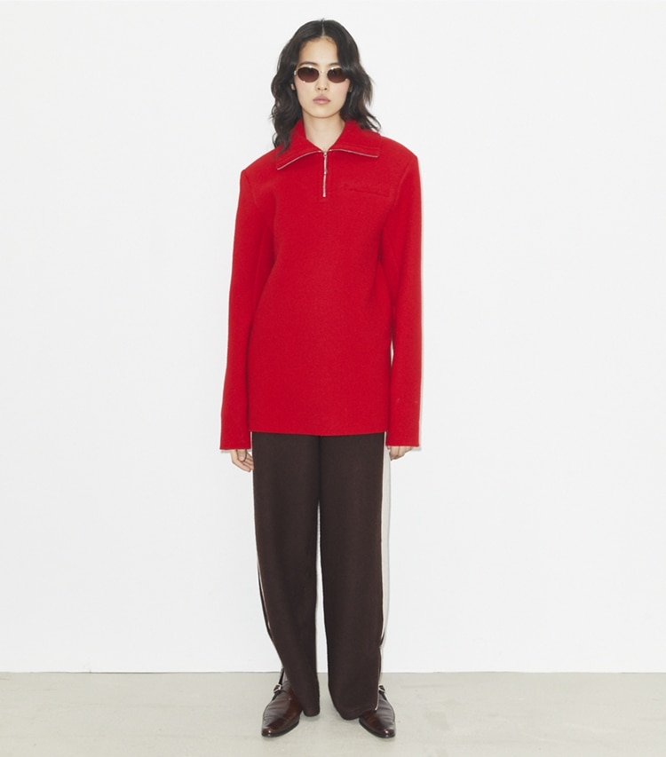 Tory Burch designer oberteile Sweatshirt aus Wolle mit halblangem Reißverschluss in Royal Red modell von vorn