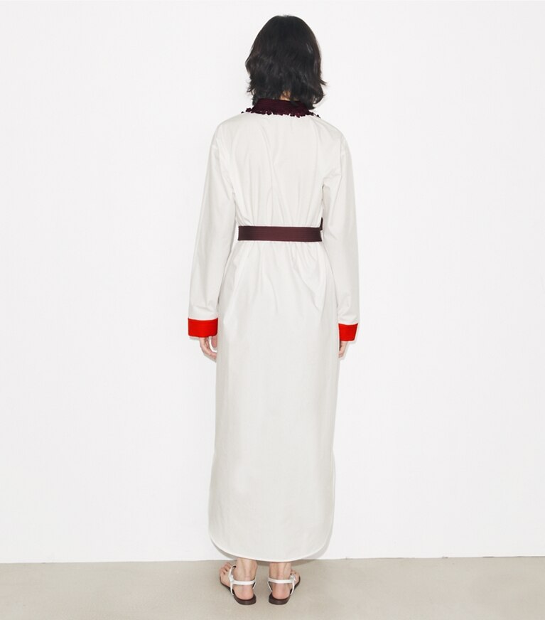 Tory Burch diseñador ropa de playa Túnica de algodón con cinturón en White parte posterior en modelo