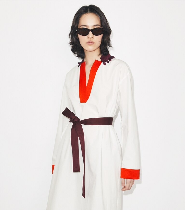 Tory Burch diseñador ropa de playa Túnica de algodón con cinturón en White detalle en modelo