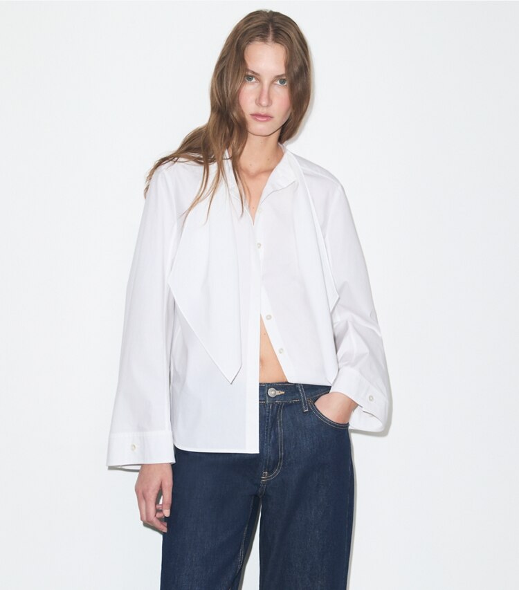 Tory Burch diseñador tops Túnica de algodón con lazo en White detalle en modelo