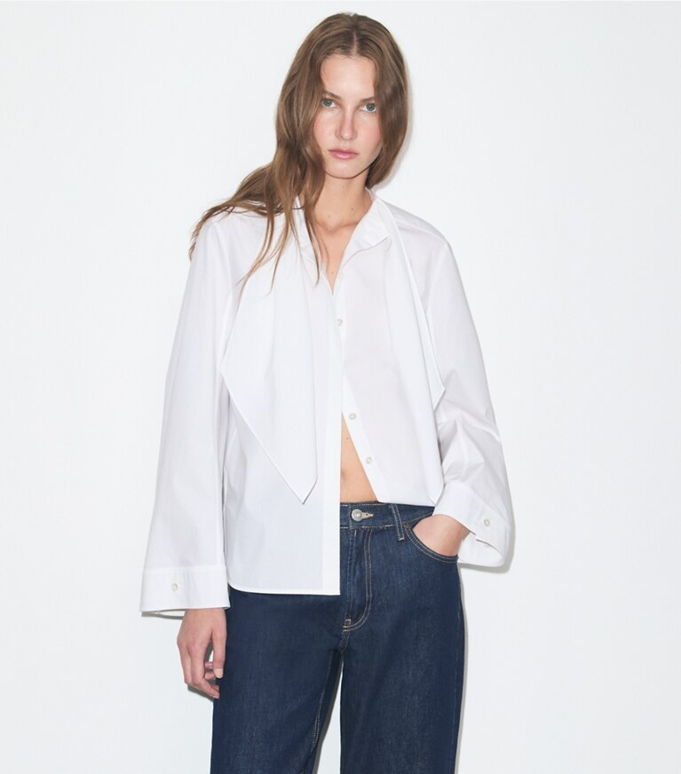 Tory Burch diseñador tops Túnica de algodón con lazo en White detalle en modelo