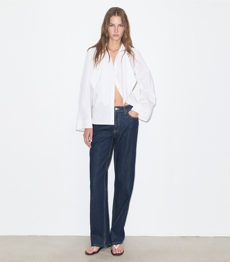 Tory Burch diseñador tops Túnica de algodón con lazo en White frente en modelo