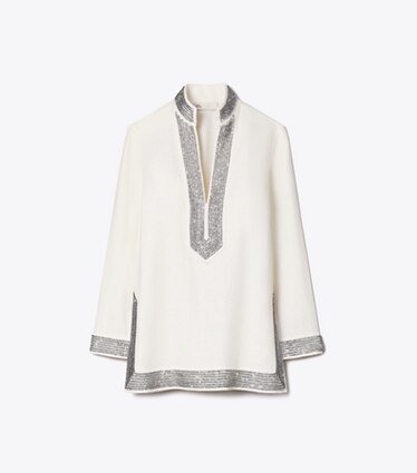 Tory Burch diseñador partes de arriba Túnica de lino adornada en New Ivory frontal