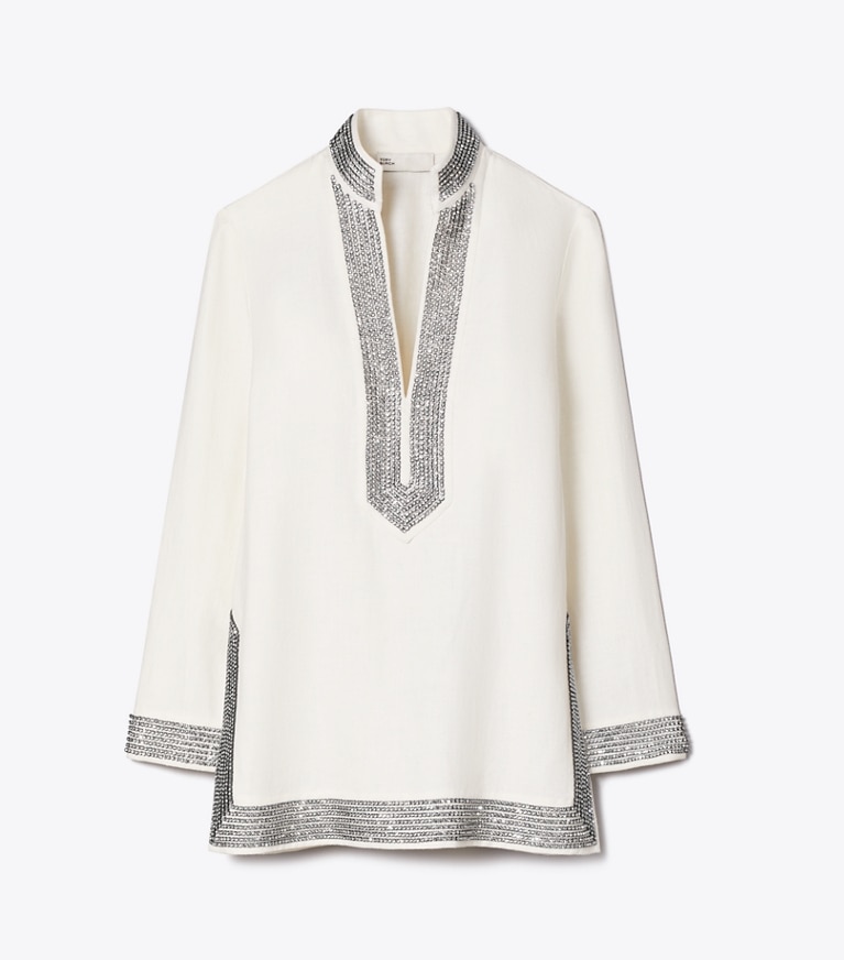 Tory Burch diseñador tops Túnica de lino adornada en New Ivory frontal