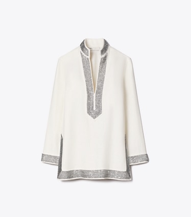 Tory Burch diseñador tops Túnica de lino con adornos en New Ivory frente