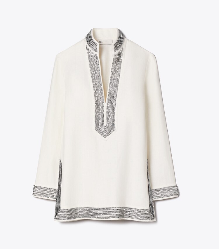Tory Burch diseñador tops Túnica de lino con adornos en New Ivory frente