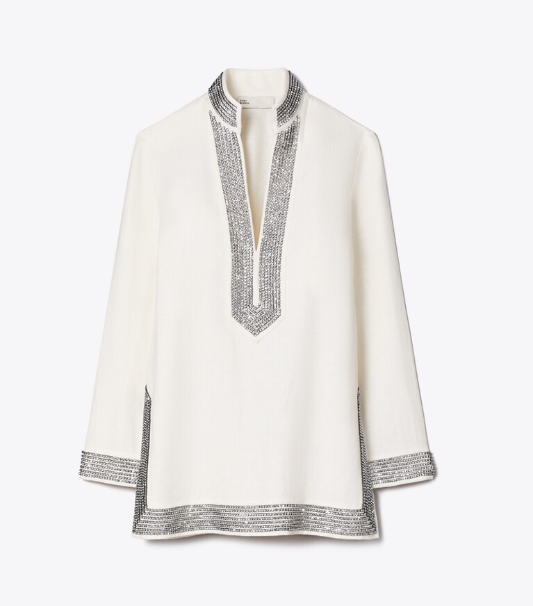 Tory Burch diseñador tops Túnica de lino con adornos en New Ivory frente
