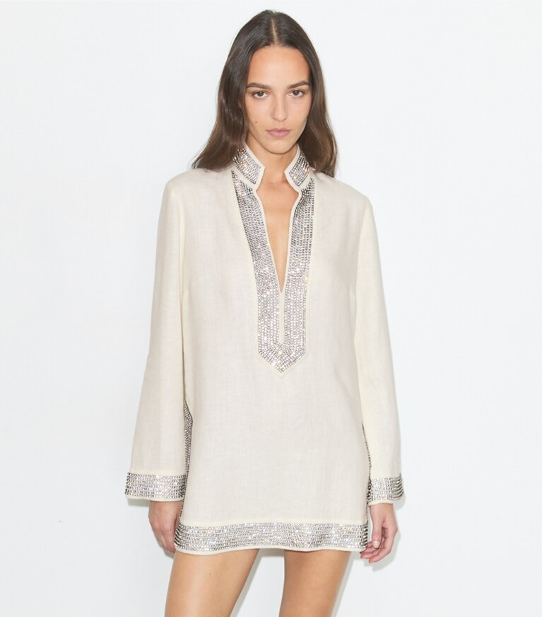 Tory Burch diseñador tops Túnica de lino con adornos en New Ivory detalle en modelo