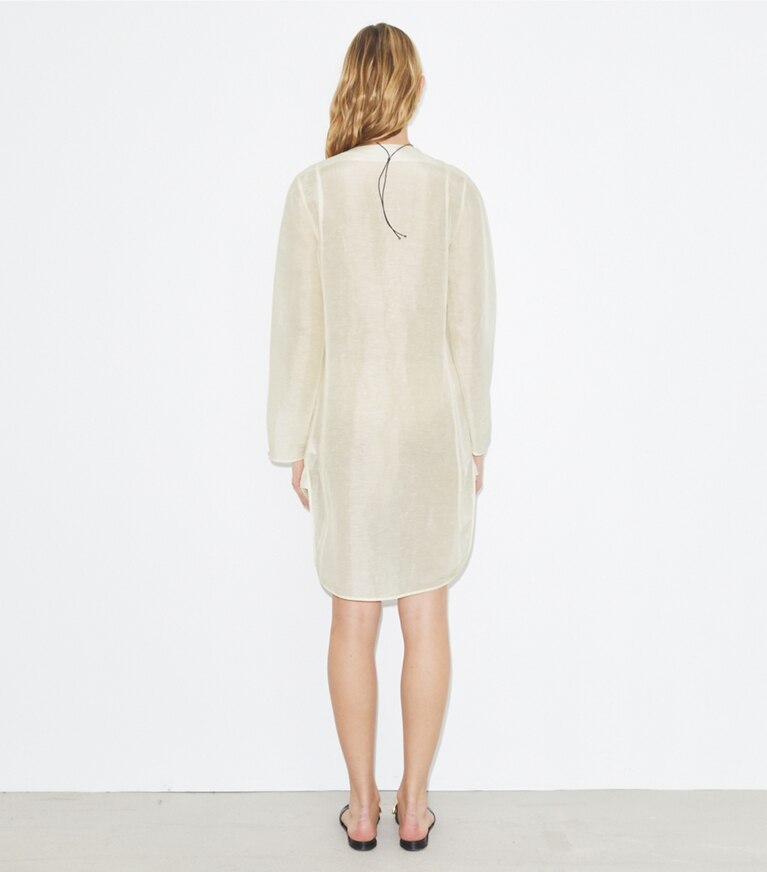 Tory Burch diseñador ropa de playa Túnica de lino en New Ivory parte posterior en modelo