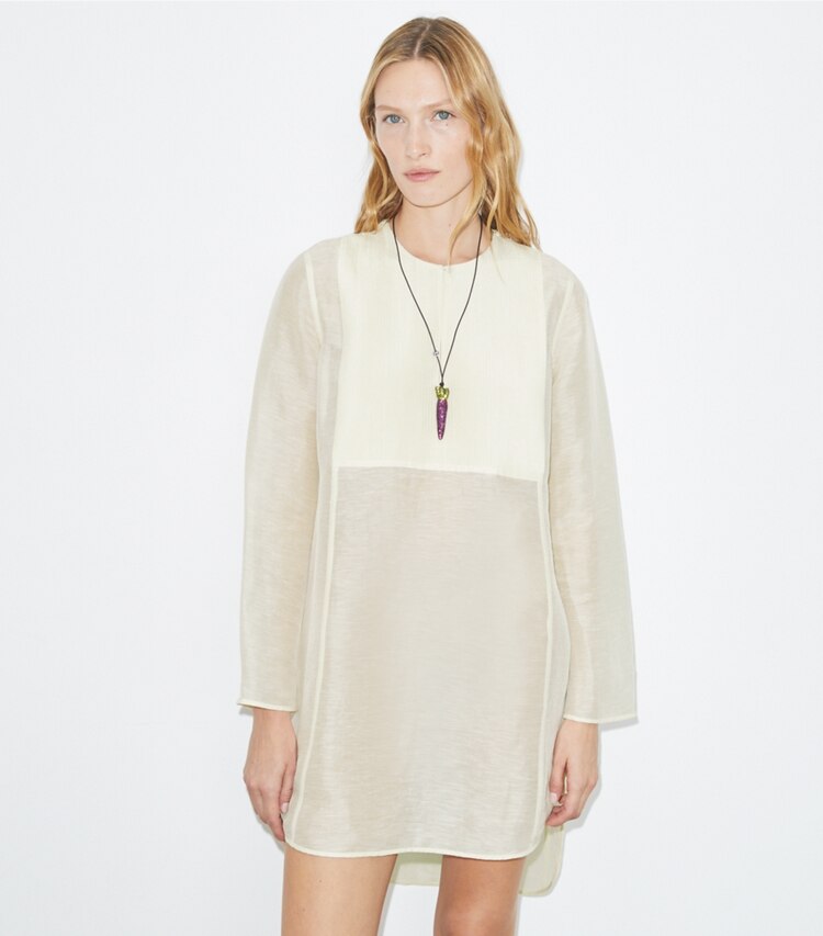 Tory Burch diseñador ropa de playa Túnica de lino en New Ivory detalle en modelo