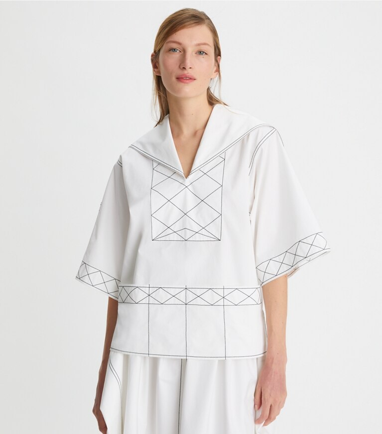 Tory Burch diseñador tops Túnica de popelina con pespunte de rombos en White en el modelo (detalle)