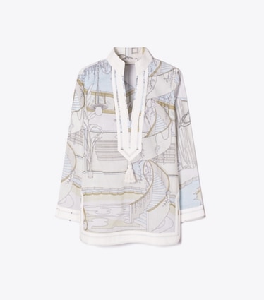 Tory Burch diseñador ropa de playa Túnica Tory estampada en The Pool Beige frente