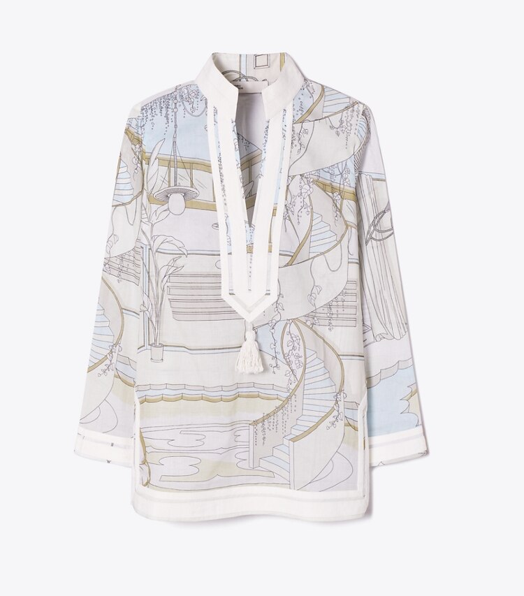 Tory Burch diseñador ropa de playa Túnica Tory estampada en The Pool Beige frente