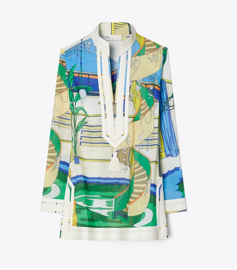 Tory Burch diseñador ropa de playa Túnica Tory estampada en The Pool Blue frente