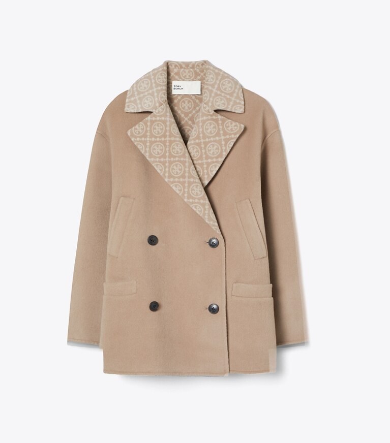 Tory Burch designer コート Tモノグラム ウール ピーコート in Timeless Khaki / T Monogram Combo I front